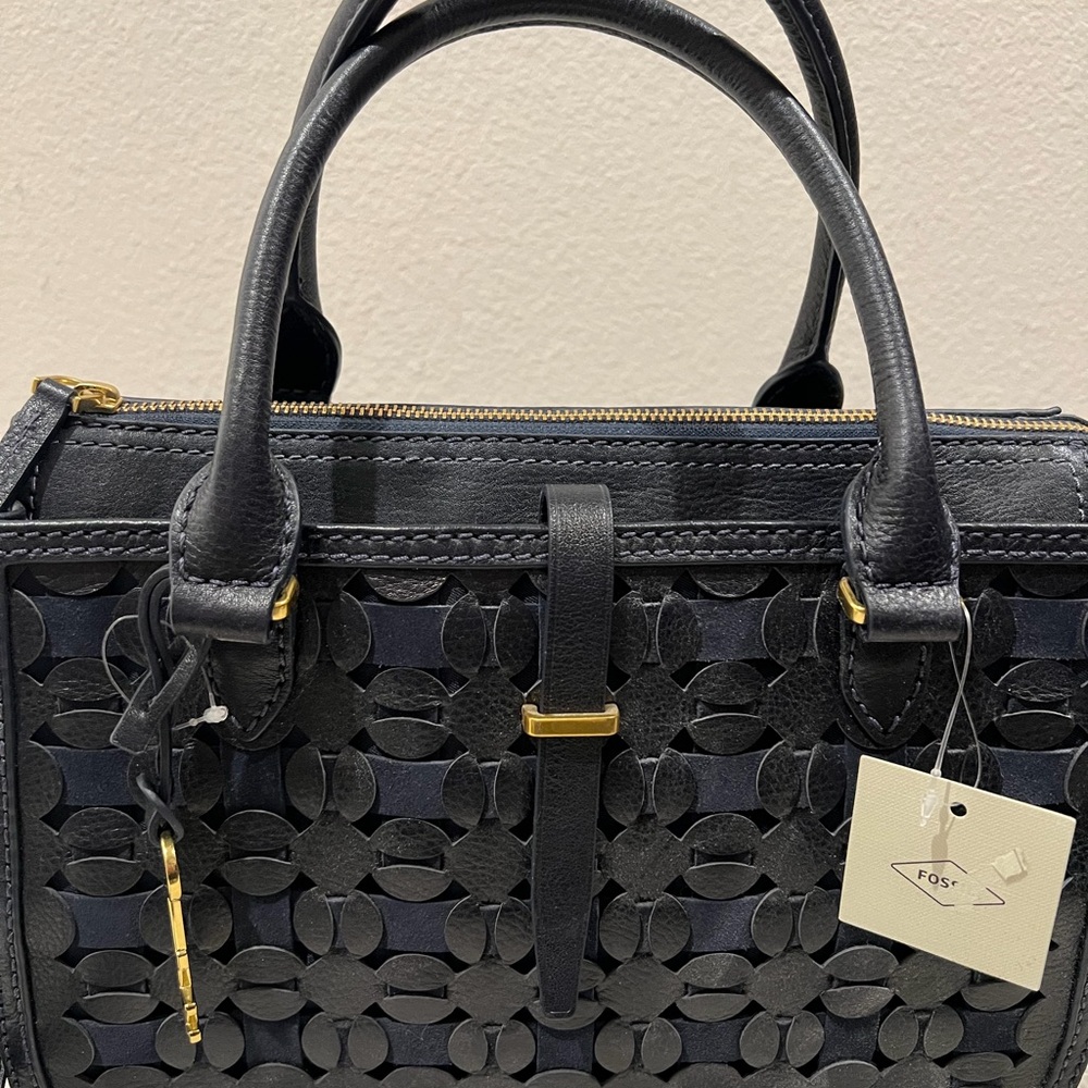 Fossil Navy Woven Leather Floral Cutout Satchel - Picture 2 of 12